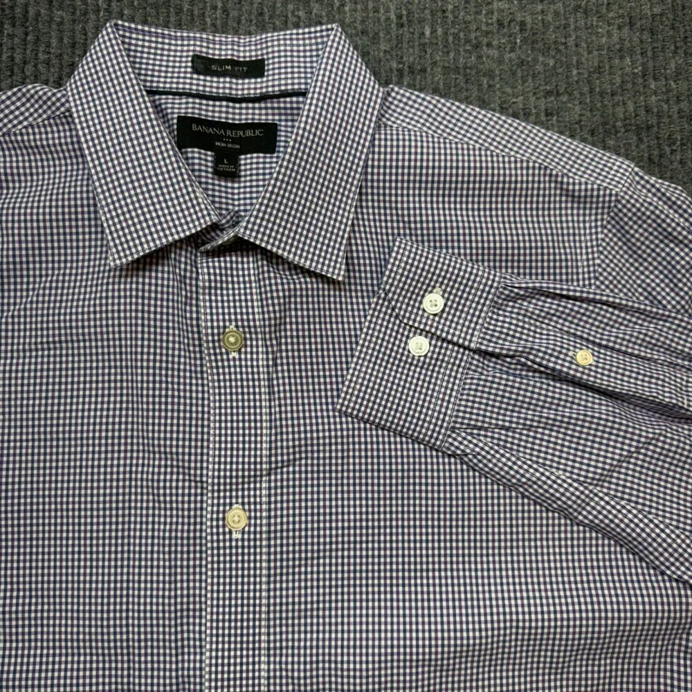 Banana Republic Non-Iron Shirt Mens L Slim Fit Blue Purple Gingham Button Down